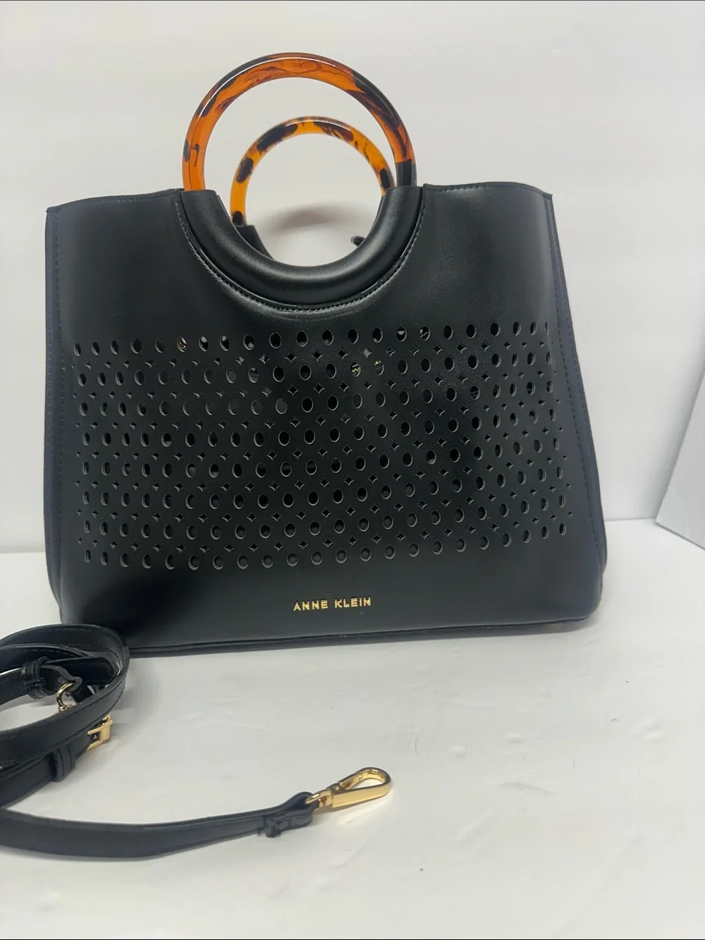 Anne Klein Satchel-Crossbody Bag Women's Black Faux Leather Perforated Handbag